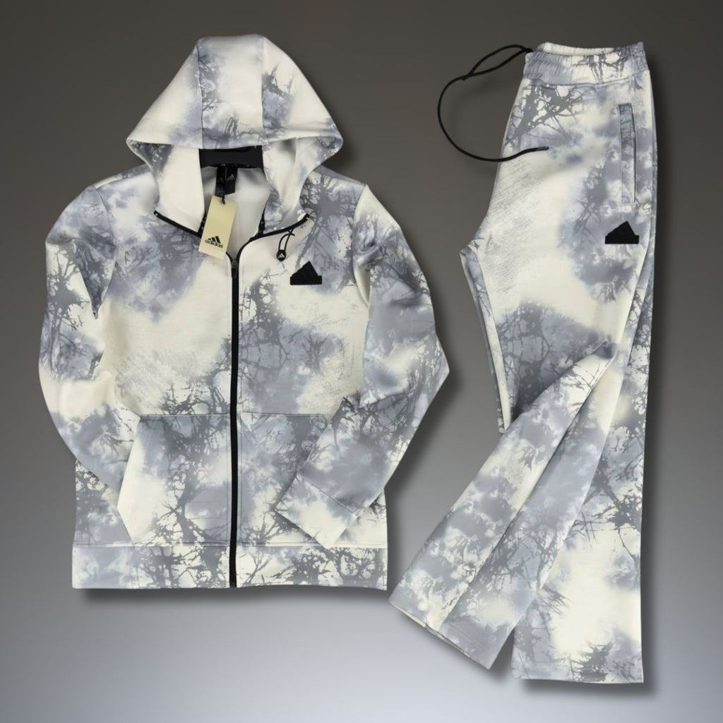 Adidas moška trenirka 2025, zamegljen vzorec, bela - siva. Premium kakovost