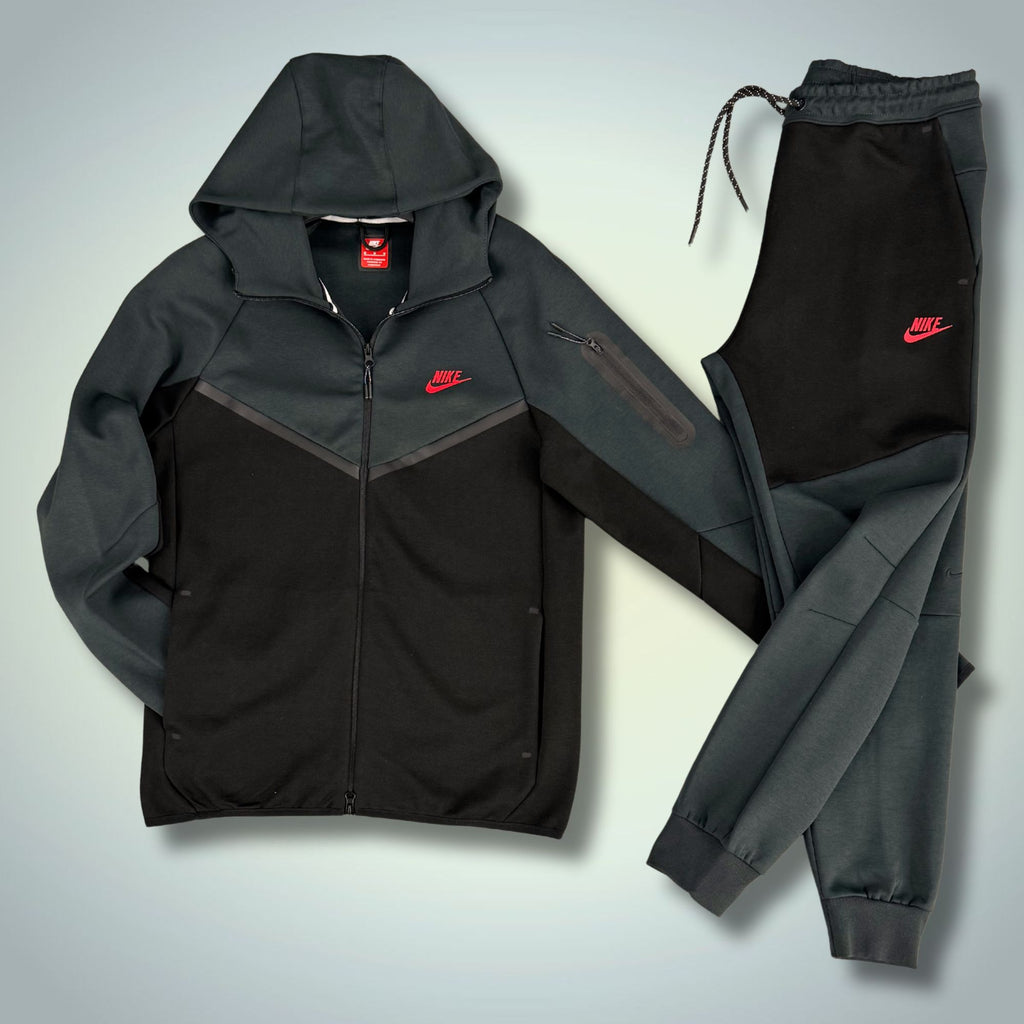Nike Tech Fleece moška trenirka, grafitna - črna, rdeč logotip. Model 2024. Premium kakovost