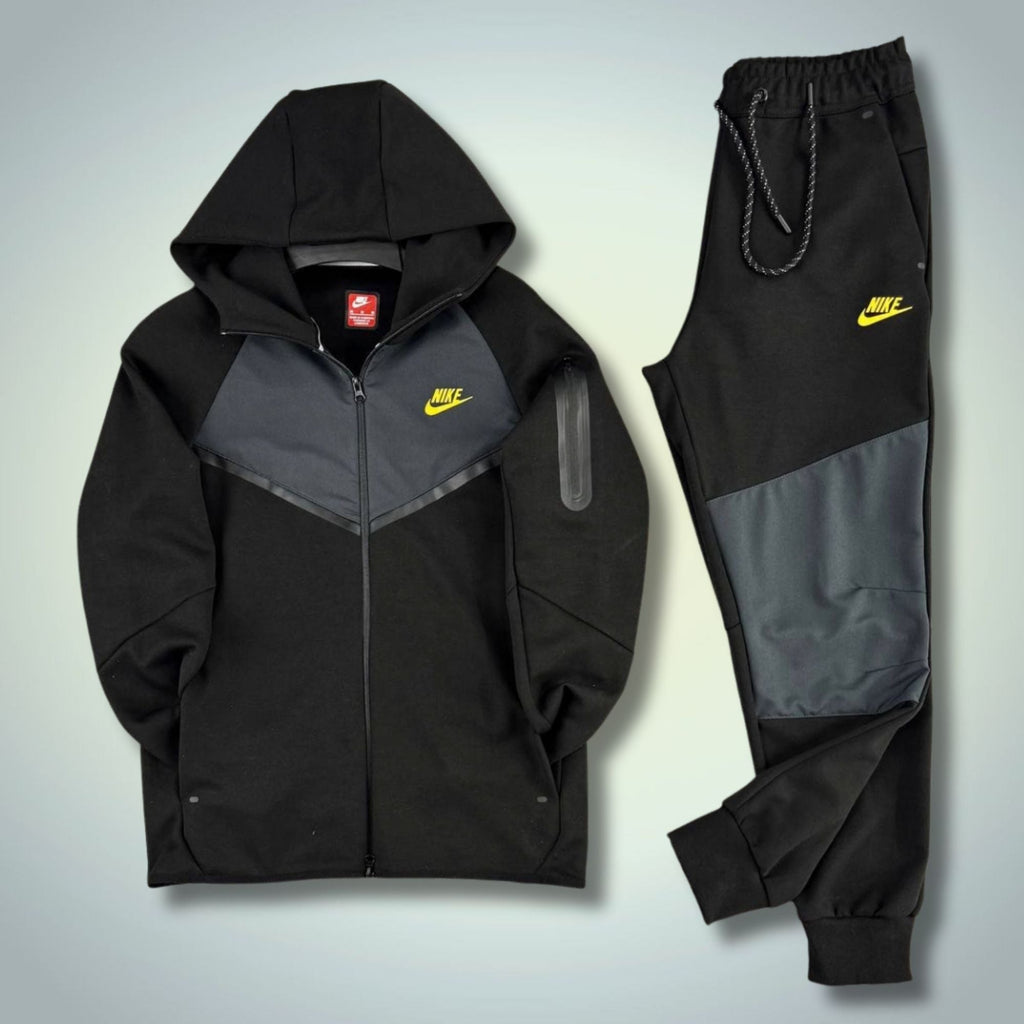 Nike Tech Fleece moška športna trenirka, črno-grafitna, rumen logotip, model 2024. Premium kakovost