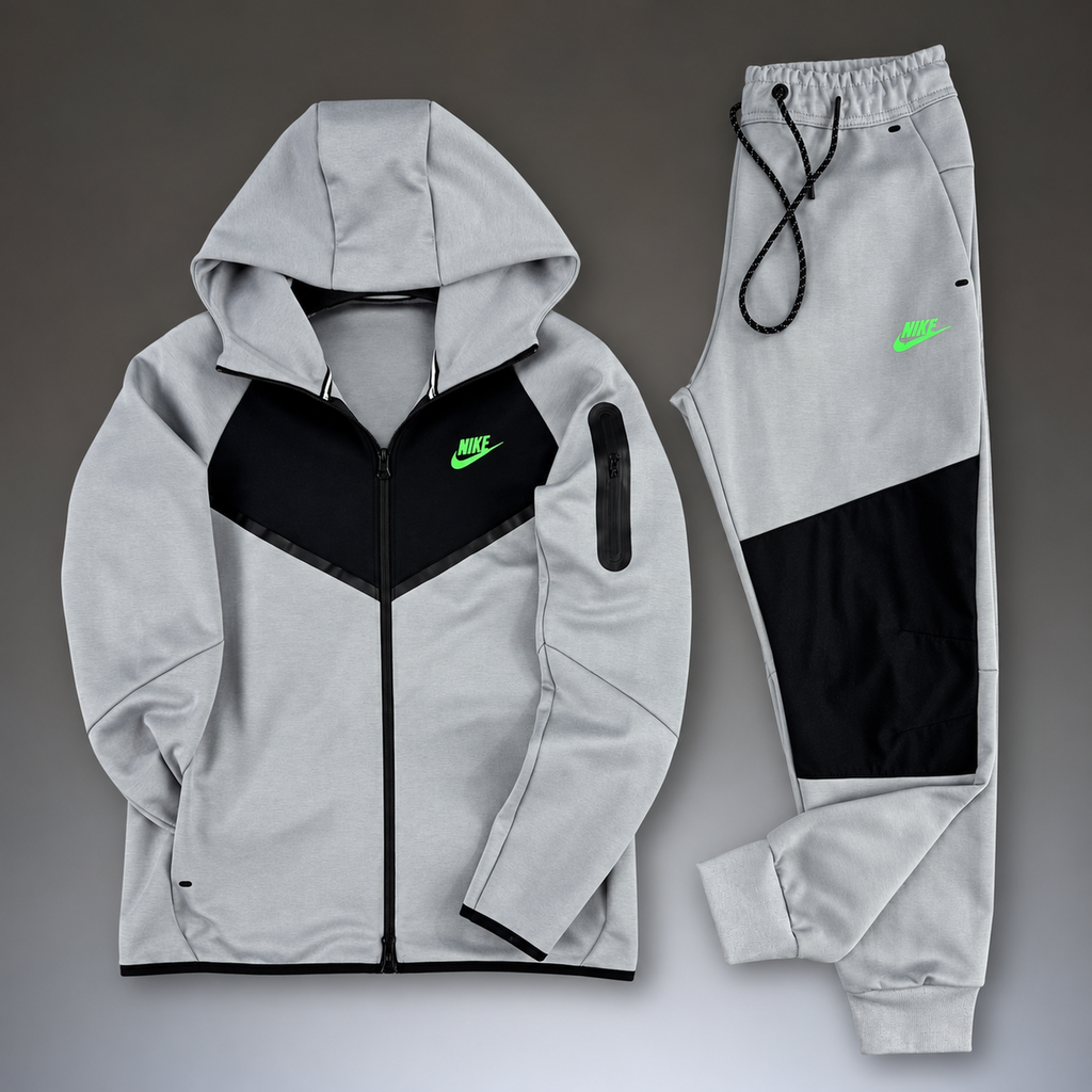 Nike Tech Fleece moška športna trenirka, siva - črna, zelen logotip. Model 2024. Vrhunska kakovost