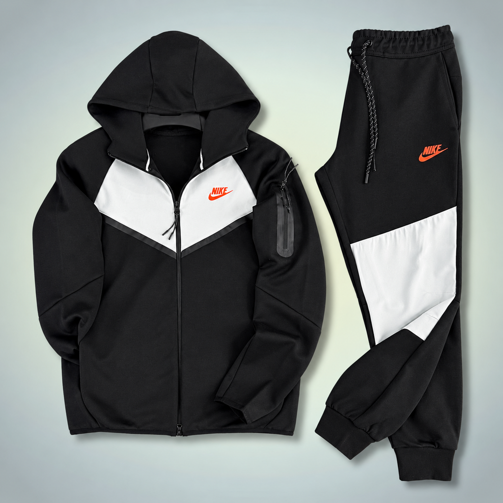 Nike Tech Fleece moška športna trenirka, črna - bela, oranžen logotip. Model 2024. Vrhunska kakovost