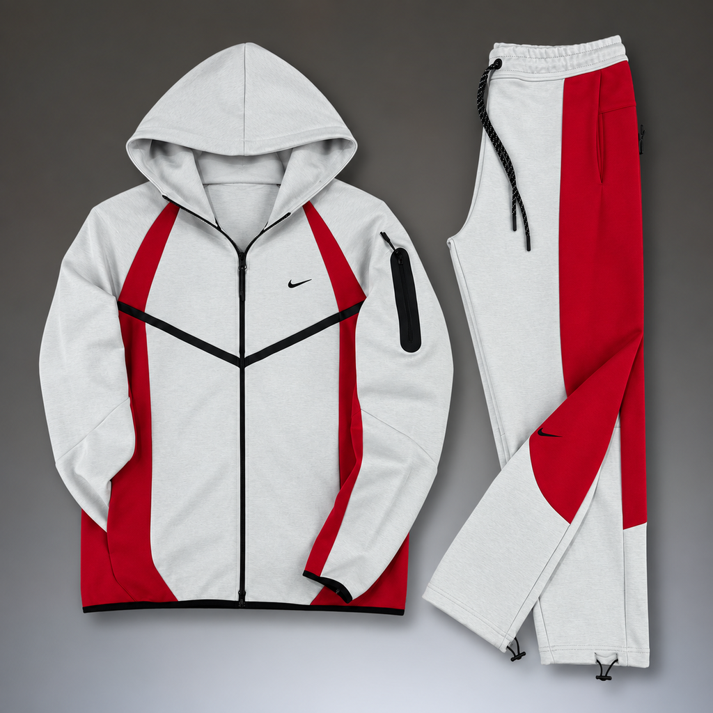 Nike Tech Fleece moška športna trenirka, svetlo siva - rdeča. Model 2026. Vrhunska kakovost