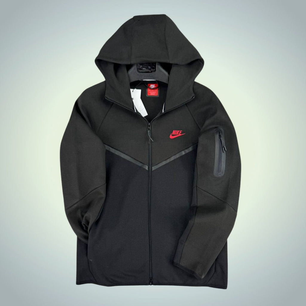 Moška bluza Nike Tech Fleece, rdeč logotip, grafit in črna, Model 2024. Vrhunska kakovost
