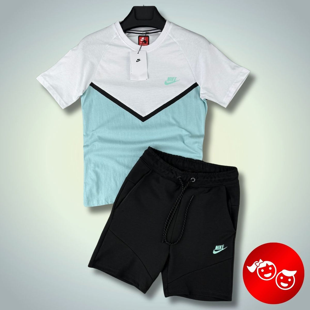 Nike Tech Fleece otroški komplet s kratkimi hlačami, grafitno-bela-meta. Vrhunska kakovost