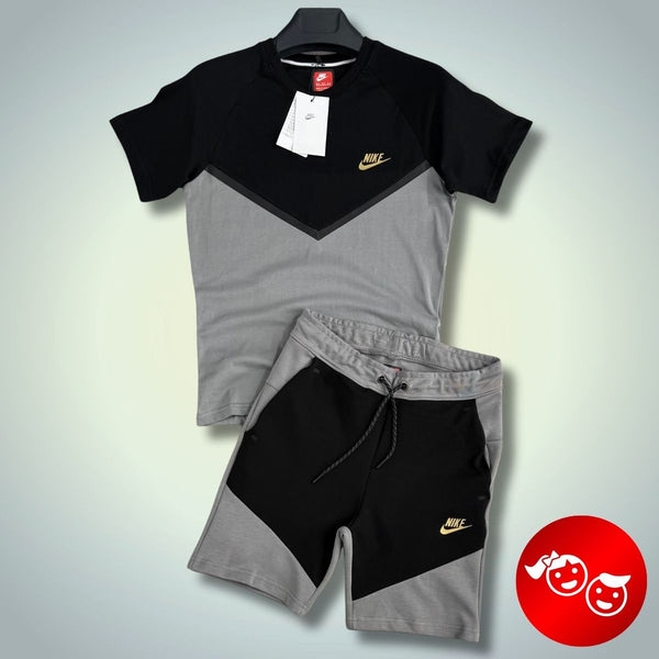 Nike Tech Fleece otroški komplet s kratkimi hlačami, črno-siv, zlati logotip. Vrhunska kakovost