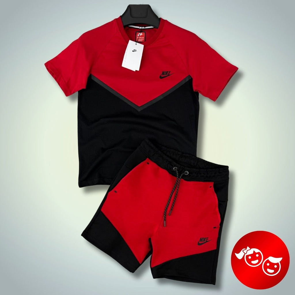 Nike Tech Fleece otroški komplet s kratkimi hlačami, rdeče-črno. Vrhunska kakovost