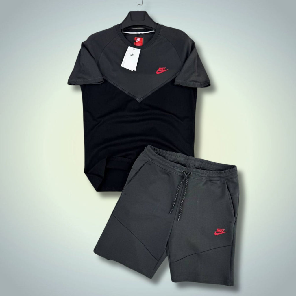 Nike Tech Fleece moški kratek športni komplet, grafitno-črn, rdeč logo. Premium kakovost