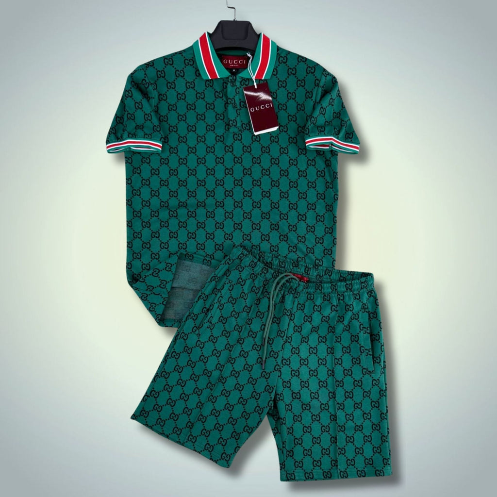 Gucci moški kratki športni komplet, s polo, z majhnimi logotipi, zeleni. Premium kakovost
