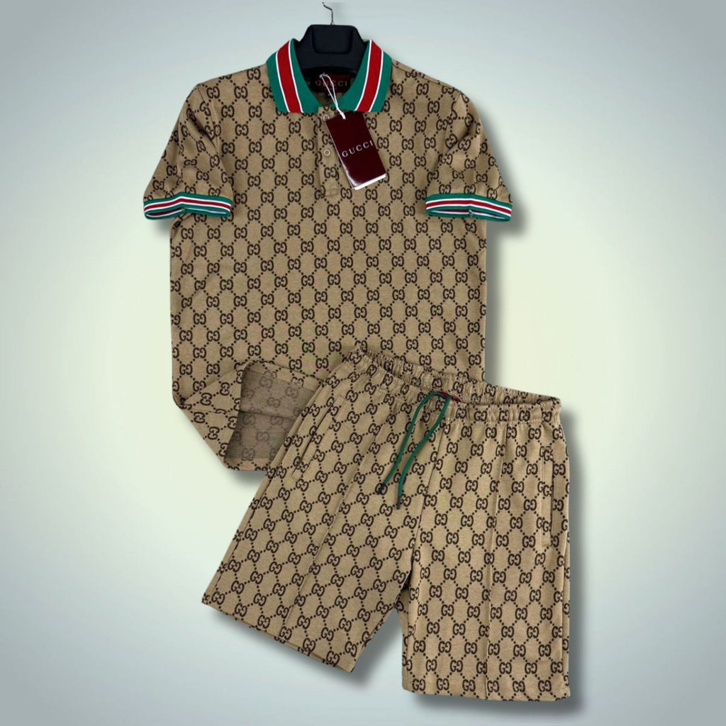 Gucci moški kratki športni komplet, s polo, z majhnimi logotipi, bež. Premium kakovost
