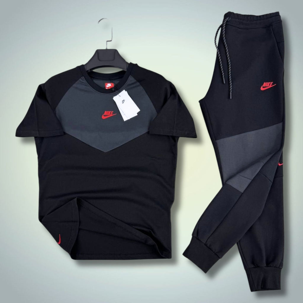 Nike Tech Fleece moški poletni športni komplet, črno-grafitno sivi, rdeče logotip. 2026. Premium kakovost