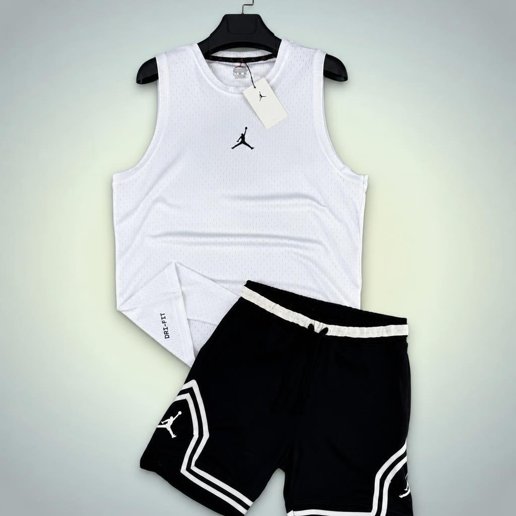 Jordan moški kratki športni komplet s majico, belo-črna. Dri-Fit. Premium kakovost