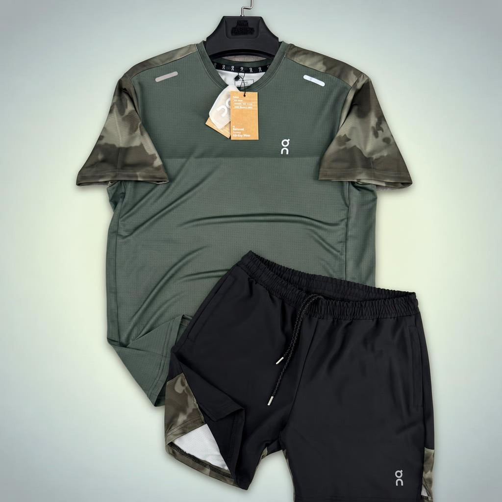 ON Military pattern moški kratek športni komplet, zelena s črno črto z logotipom. Premium kakovost