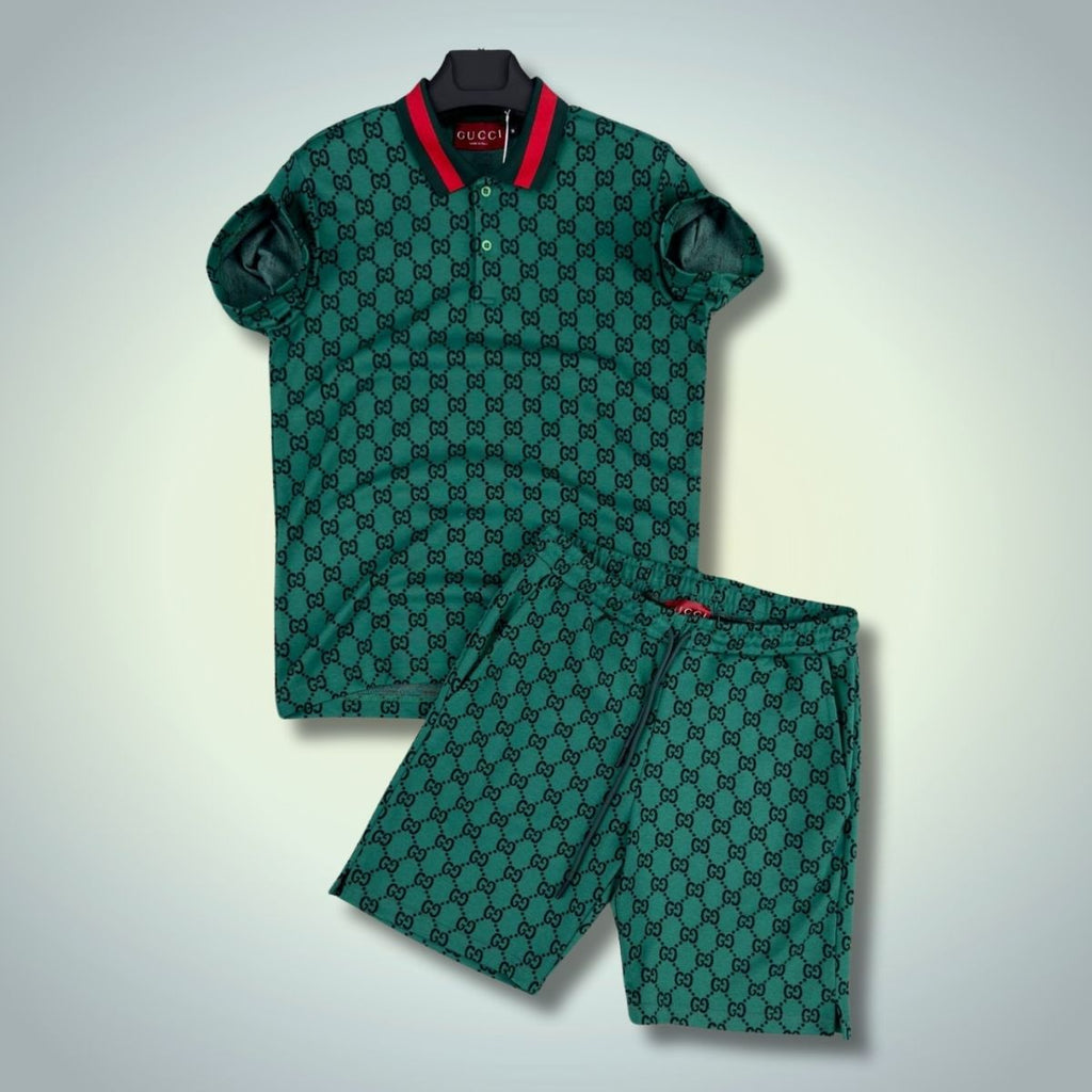 Moški komplet Gucci s kratkimi hlačami, polo majica, zelena barva. Premijska kakovost