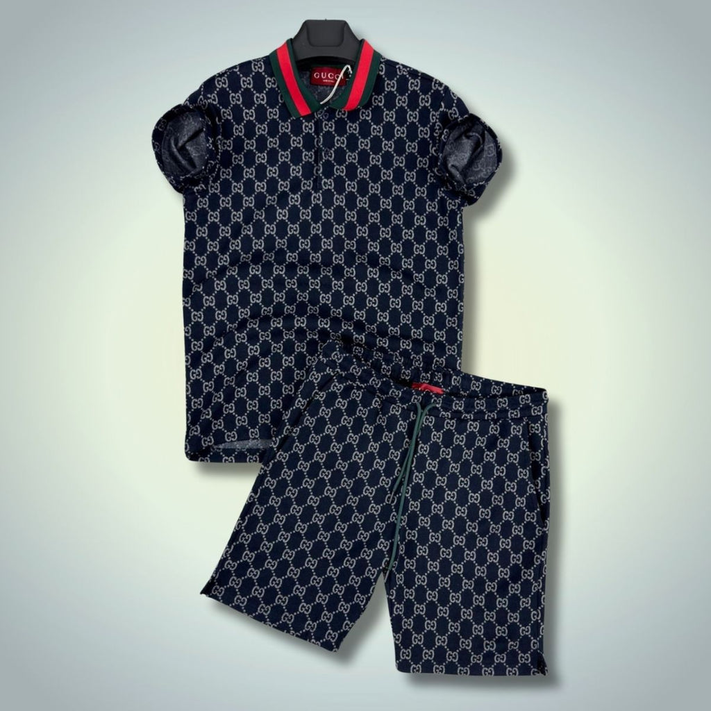 Moški komplet Gucci s kratkimi hlačami, polo majica, temno modra. Vrhunska kakovost