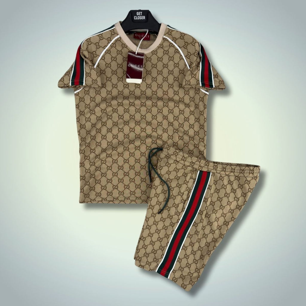 Moški komplet Gucci s kratkimi hlačami, bež barva. Vrhunska kakovost