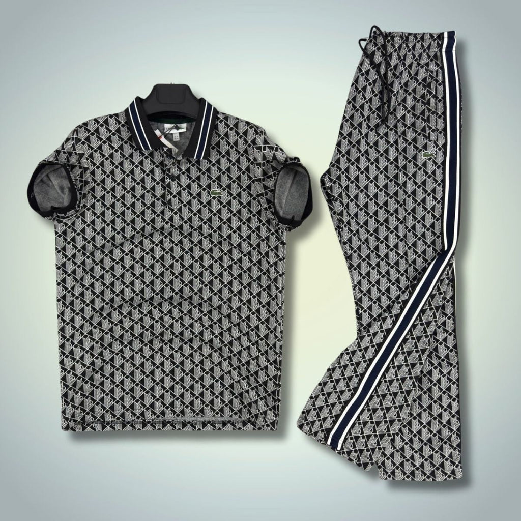 Lacoste moški poletni komplet, Jacquard polo, črna - temno modra. Vrhunska kakovost