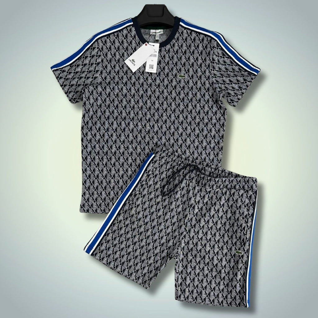 Lacoste moški komplet s kratkimi hlačami, Jacquard, črno-bela barva, modra črta. Vrhunska kakovost