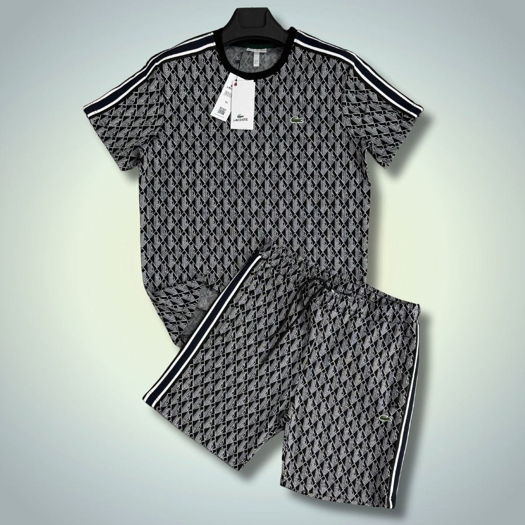 Lacoste moški komplet s kratkimi hlačami, Jacquard, črno-bela barva. Vrhunska kakovost