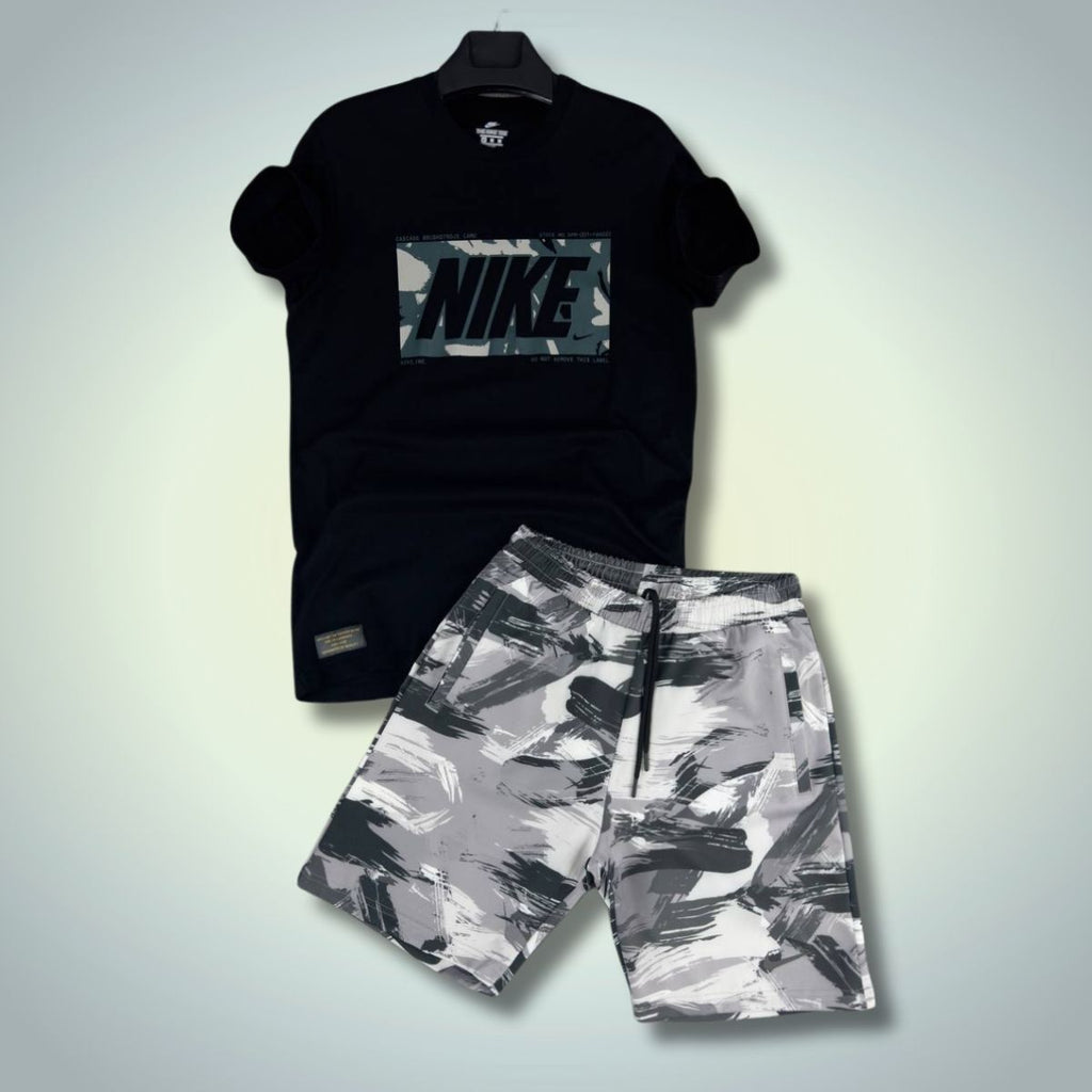 Nike moški komplet s kratkimi hlačami, Camo print, črno - siv. Vrhunska kakovost