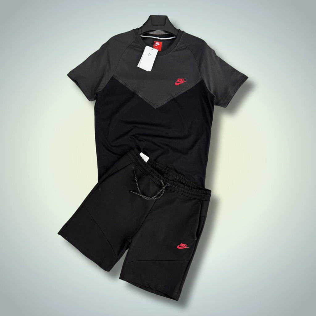 Nike Tech Fleece moški komplet s kratkimi hlačami, črna - grafitna barva, rdeč logotip. Vrhunska kakovost