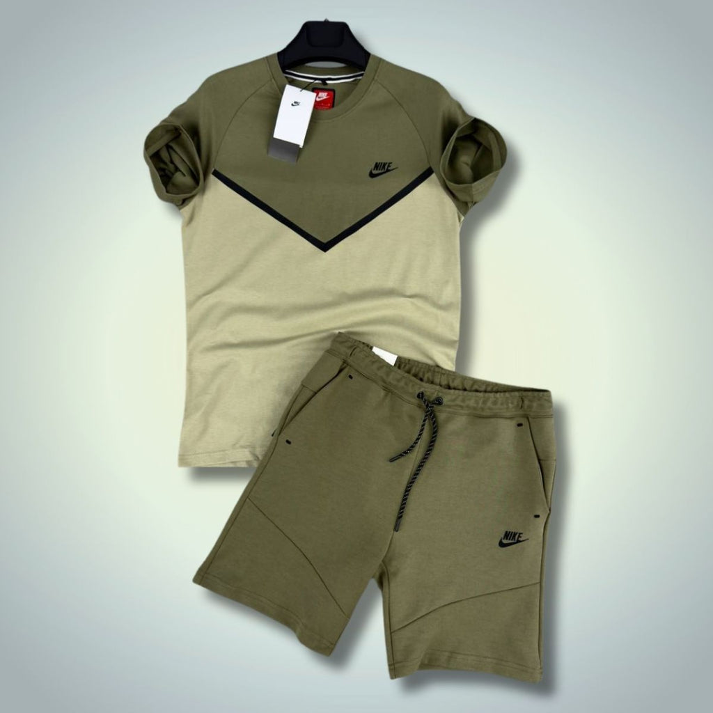 Nike Tech Fleece moški komplet s kratkimi hlačami, olivno zelena - svetlo zelena. Vrhunska kakovost