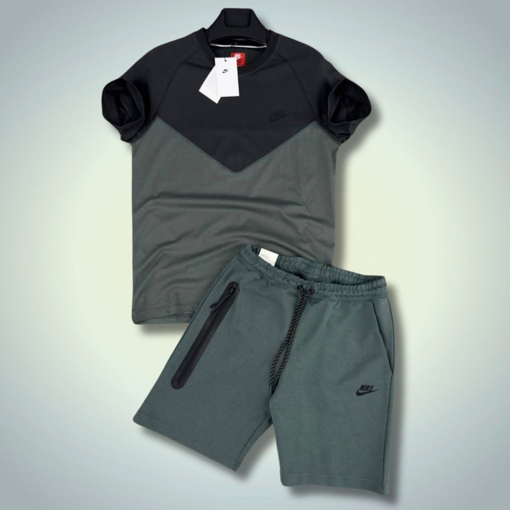 Nike Tech Fleece moški komplet s kratkimi hlačami, žajbljevo zelena - grafitna. Vrhunska kakovost