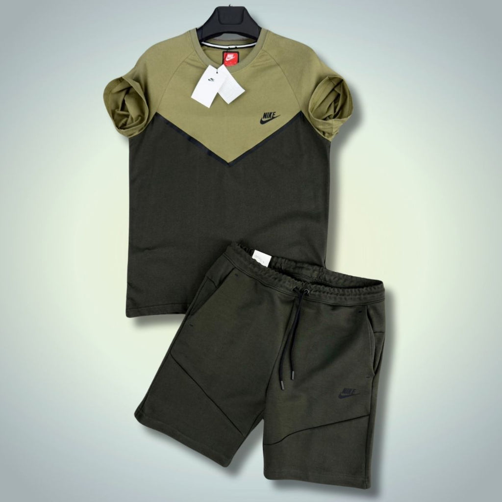 Nike Tech Fleece moški komplet s kratkimi hlačami, temno zelena - olivno zelena. Vrhunska kakovost