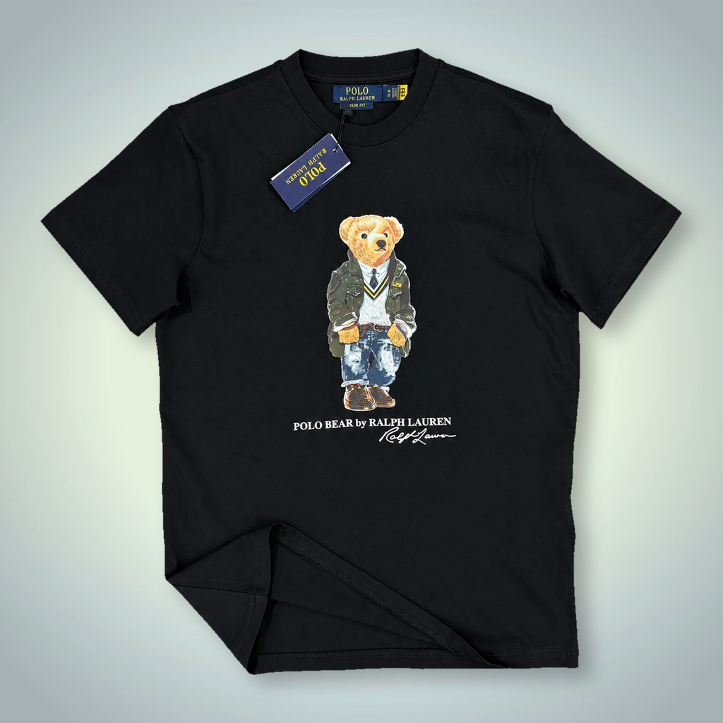 Ralph Lauren moška majica, tisk medvedek v uniformi, črna. Vrhunska kakovost