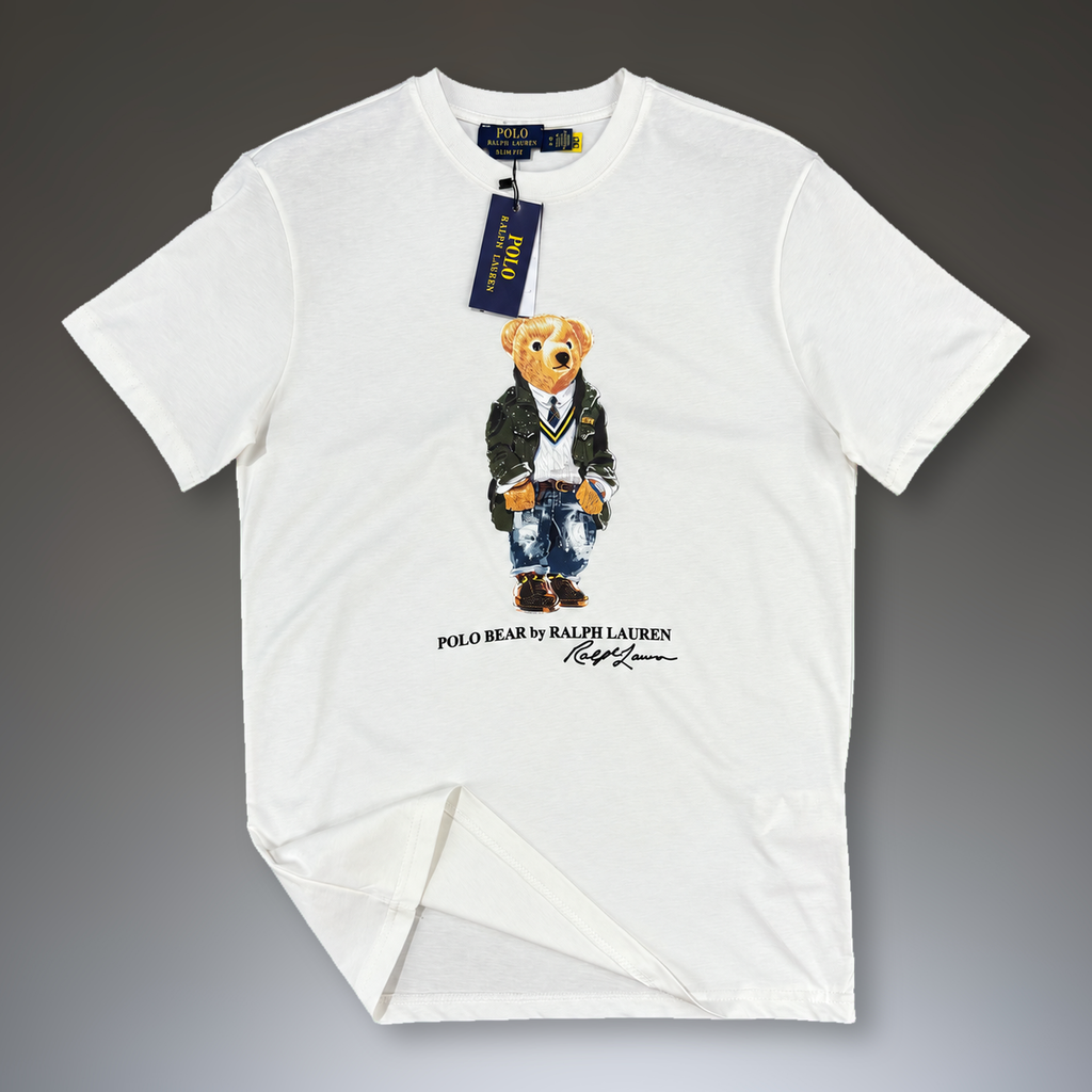 Ralph Lauren moška majica, tisk medvedek v uniformi, bela. Vrhunska kakovost