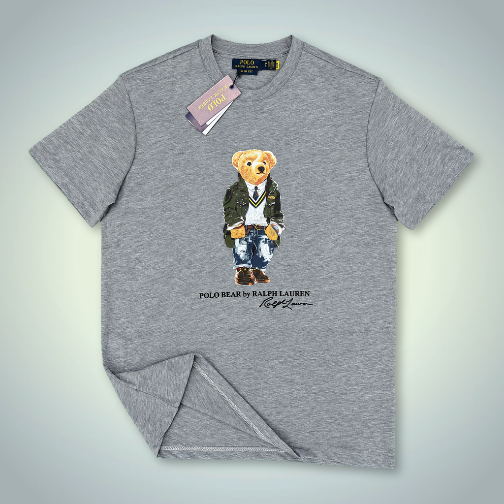 Ralph Lauren moška majica, tisk medvedek v uniformi, klasična siva. Vrhunska kakovost