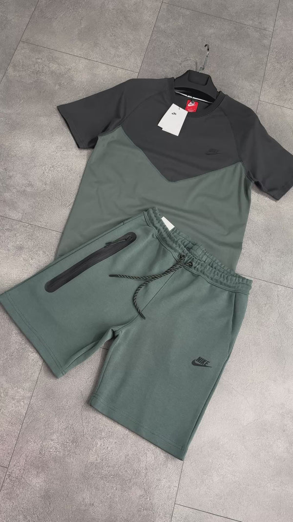 Nike Tech Fleece moški komplet s kratkimi hlačami, žajbljevo zelena - grafitna. Vrhunska kakovost