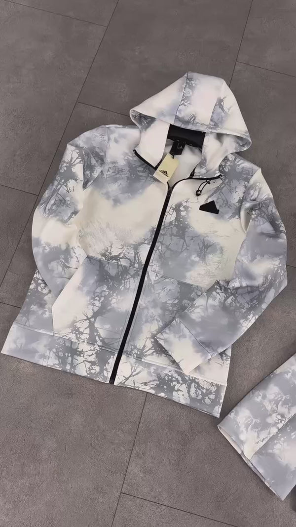 Adidas moška trenirka 2025, zamegljen vzorec, bela - siva. Premium kakovost