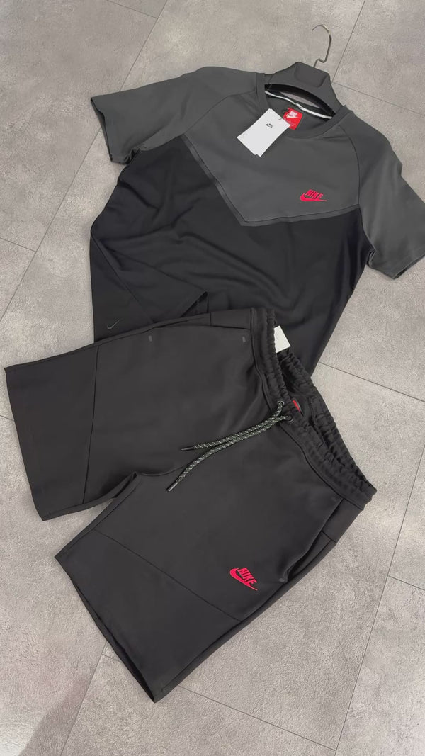 Nike Tech Fleece moški komplet s kratkimi hlačami, črna - grafitna barva, rdeč logotip. Vrhunska kakovost